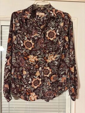 philosophy Burgundy Floral Button-Front Blouse with Rust Accents